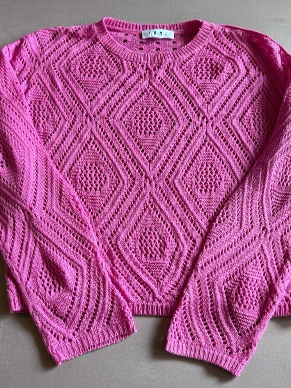 Hot Pink Crochet Open-Knit Diamond Crewneck Sweater - Picture 4 of 6